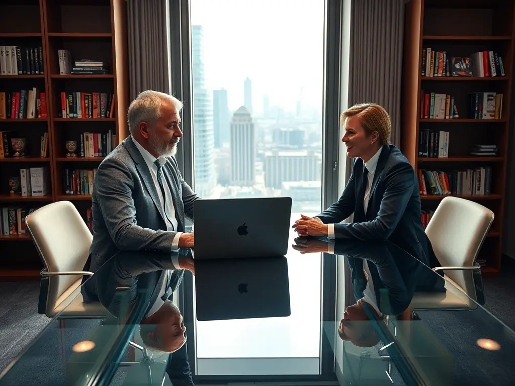 An image of a business coach discussing strategy with a client over a laptop in a modern office setting.
