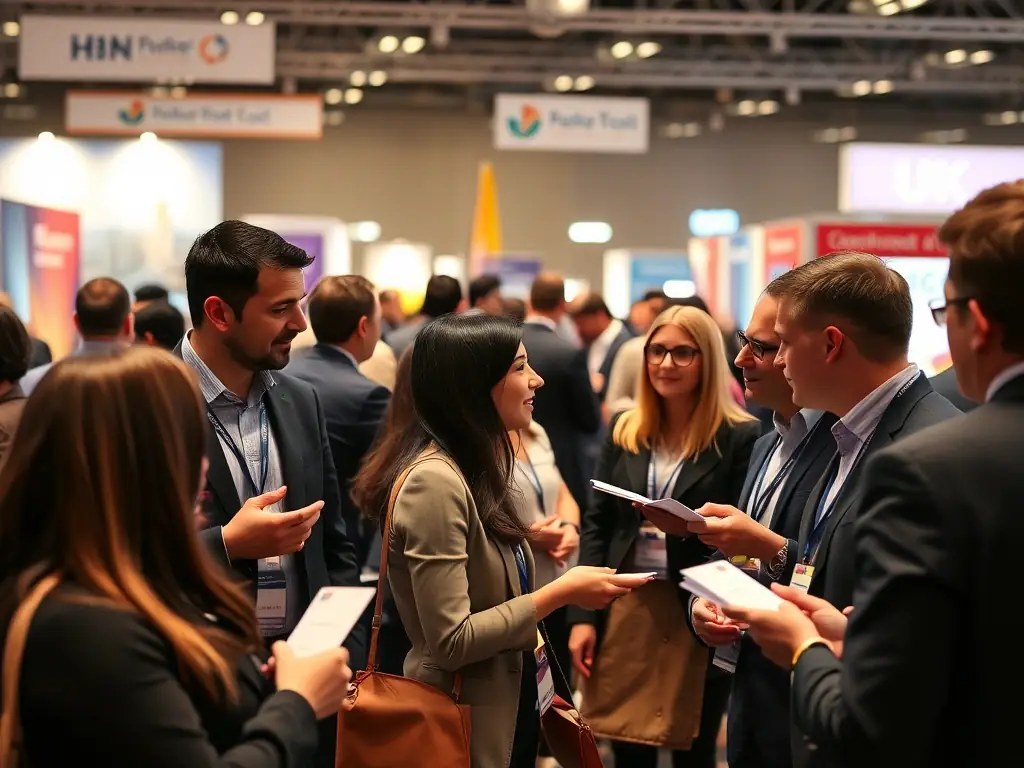 An image of professionals engaging in a networking event at a UK conference, illustrating personal development and networking coaching.