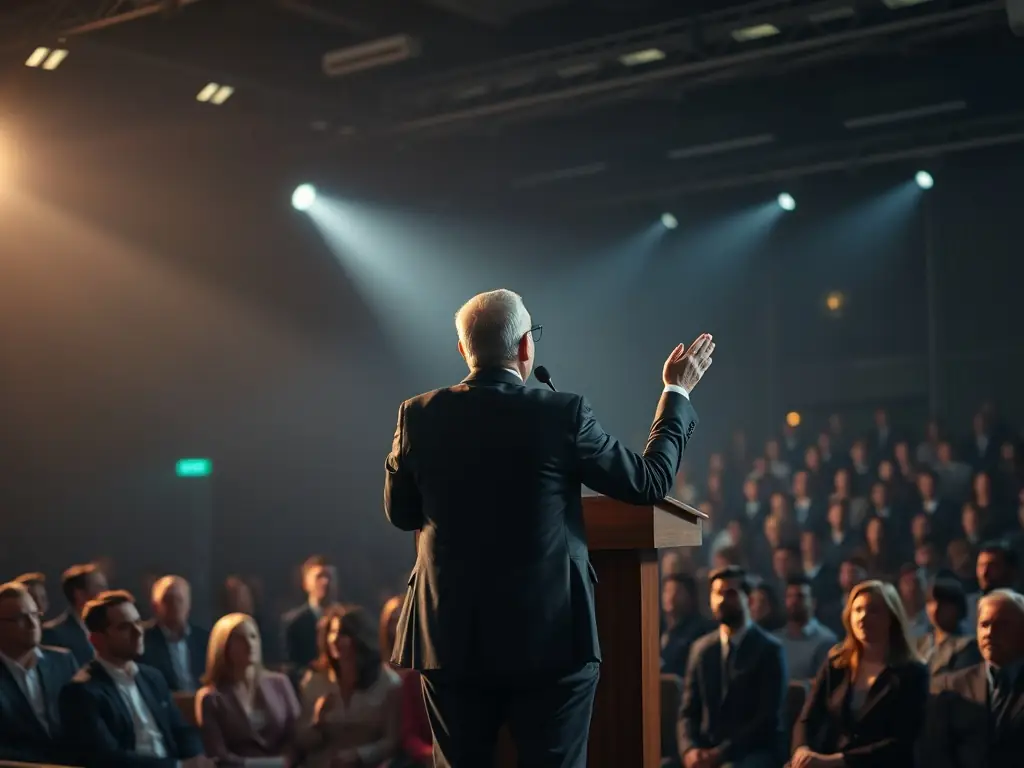 A photo of a confident business leader speaking at a UK summit event.
