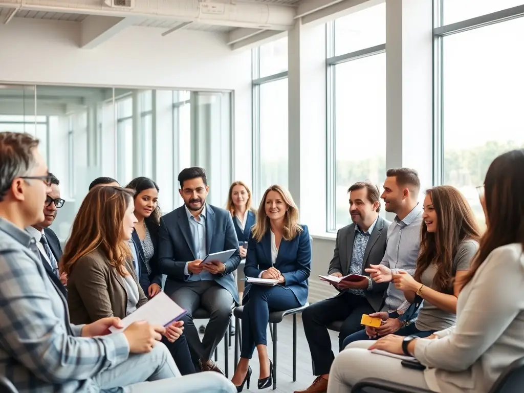 A diverse team of professionals participating in a leadership development workshop in London, focusing on team management and executive presence.