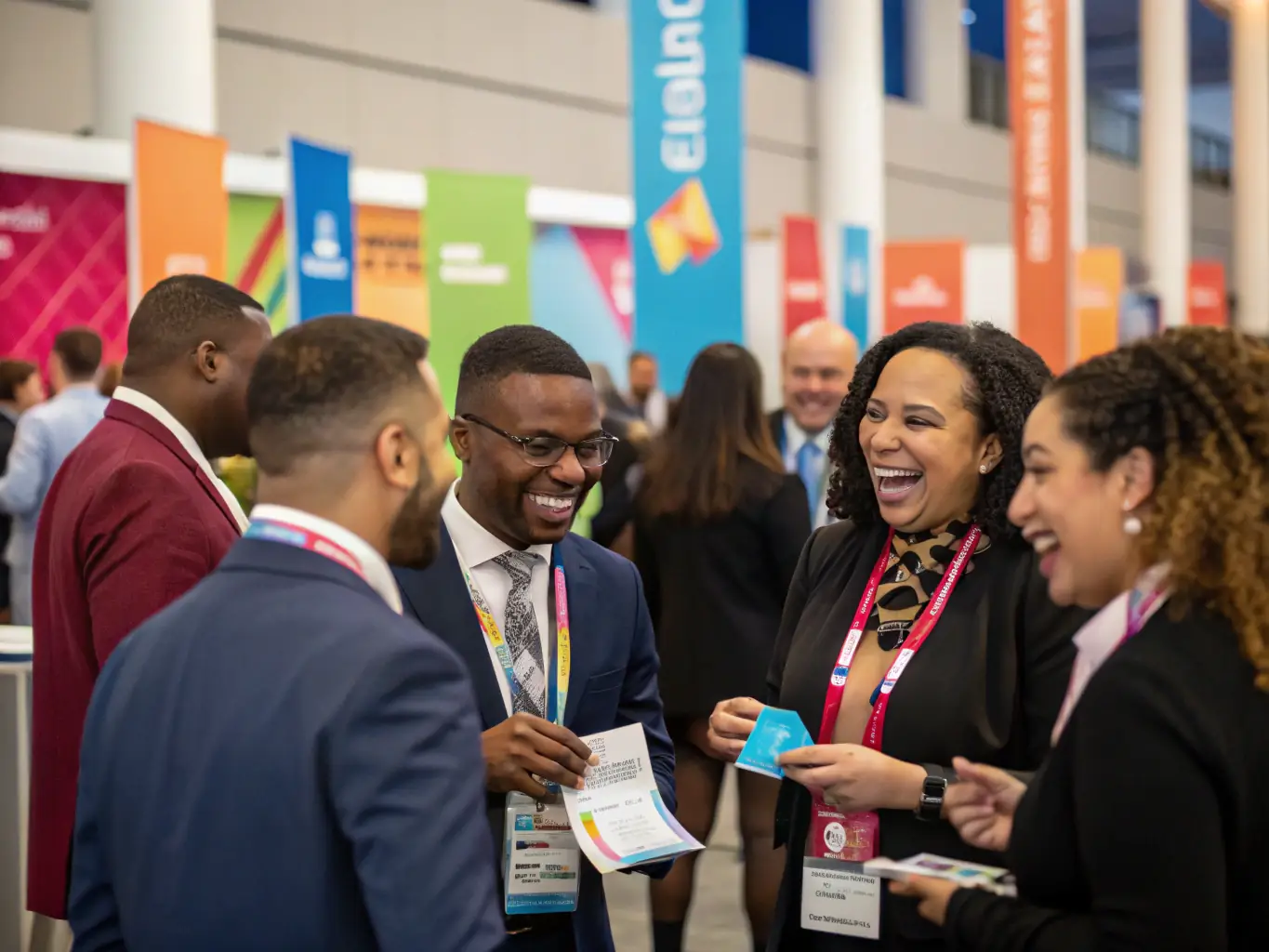 An image of professionals engaging in a networking event at a UK conference.