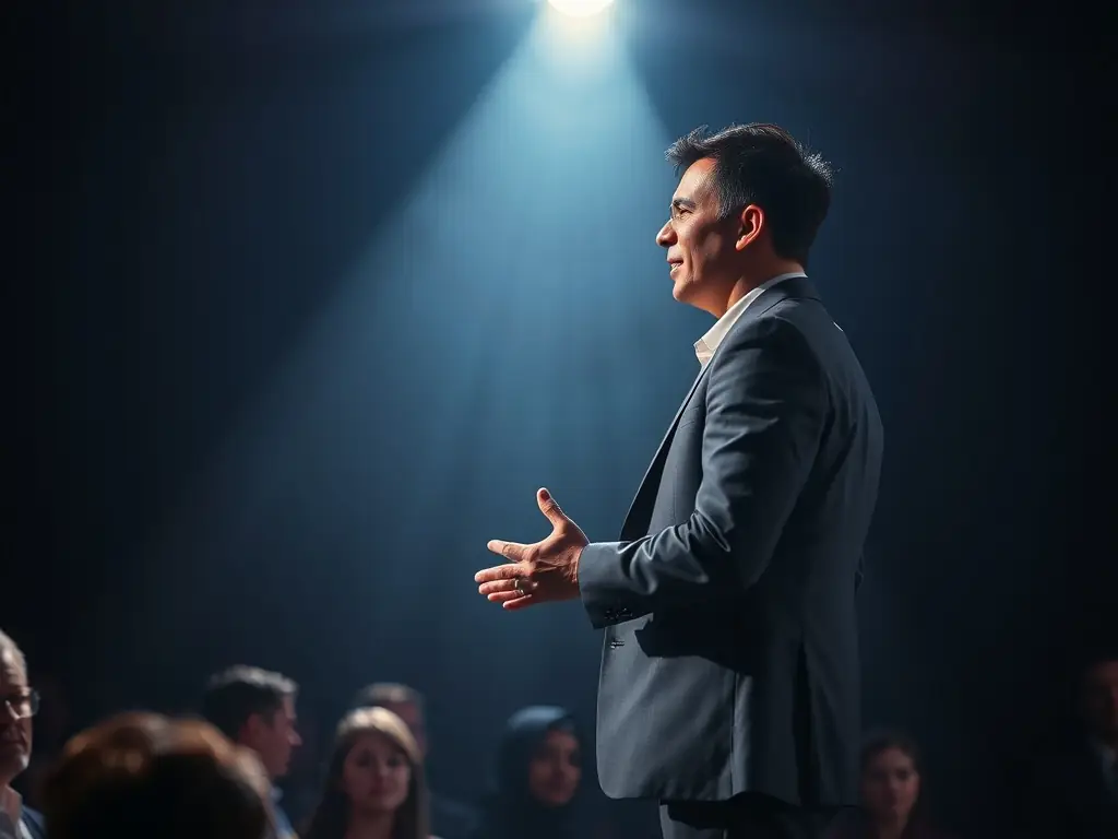 A photo of a confident business leader speaking at a UK summit event, representing leadership development coaching.