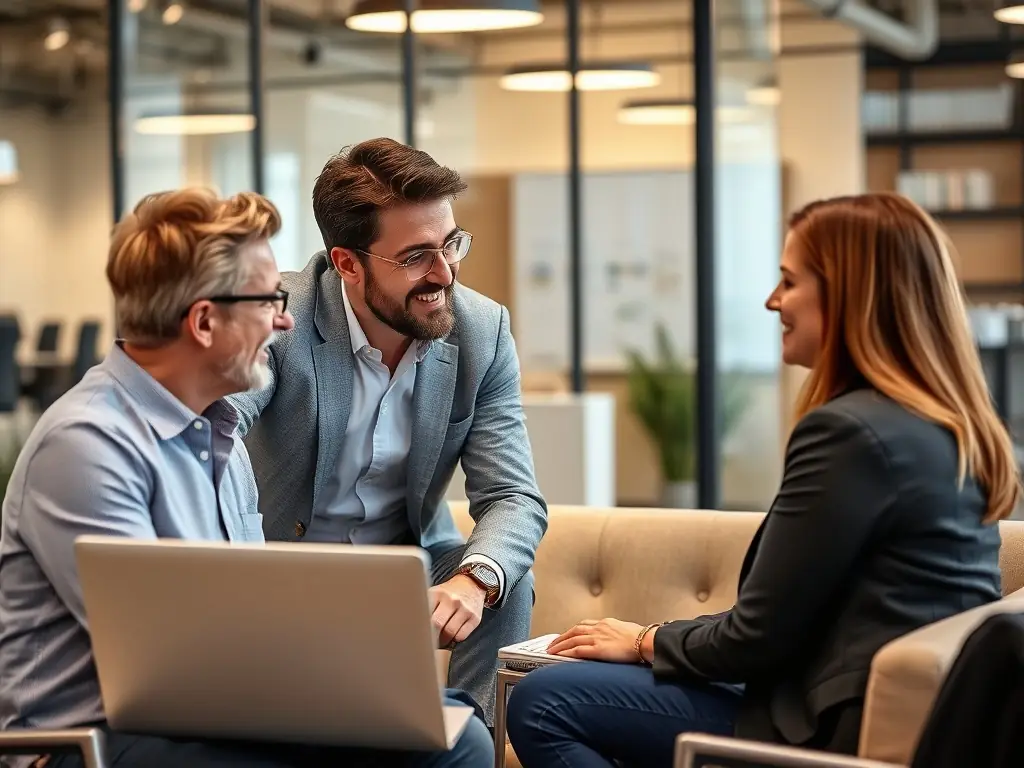 An image of a business coach discussing strategy with a client over a laptop in a modern office setting, symbolizing business strategy coaching.