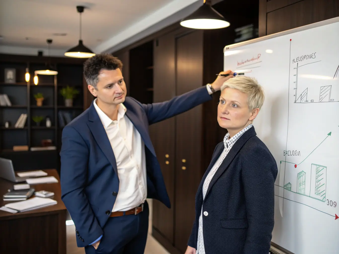 A business coach in a modern office setting, guiding a UK-based entrepreneur through strategic planning, with London landmarks visible through the window.